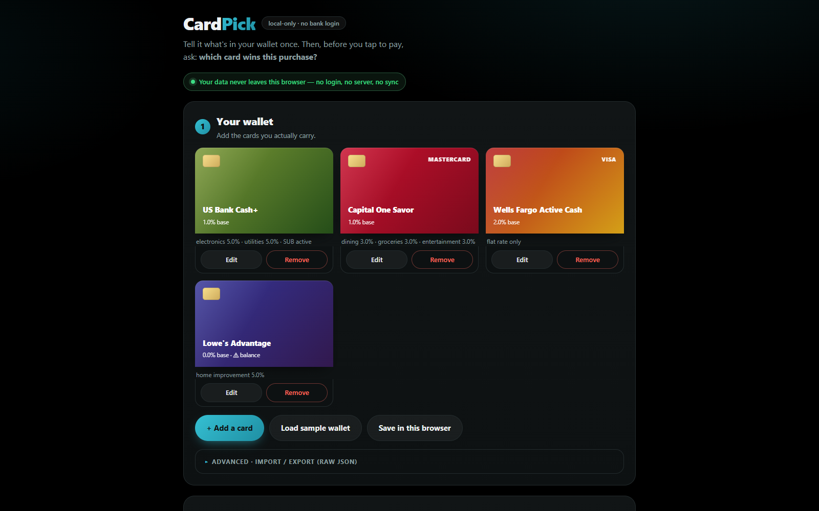 CardPick screen with Your wallet holding four sample cards, US Bank Cash+, Capital One Savor, Wells Fargo Active Cash and Lowe's Advantage, each with its base rate and bonus categories, and buttons to add a card, load a sample wallet, or save in this browser.