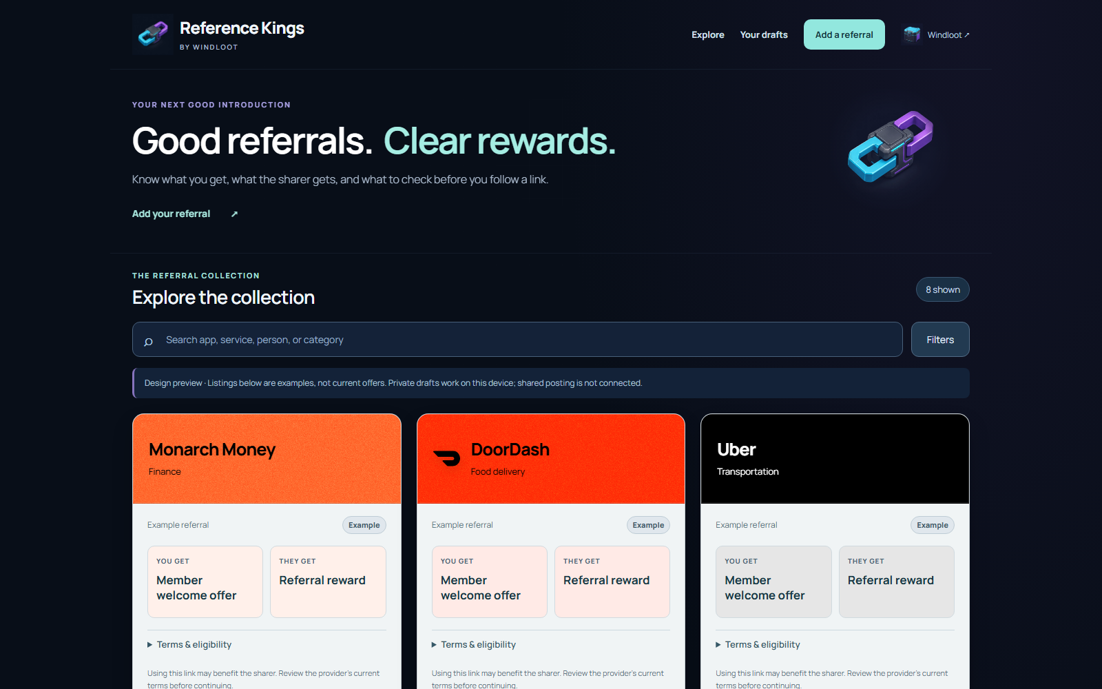 Reference Kings by Windloot: headline Good referrals. Clear rewards., a search field, and example referral cards for Monarch Money, DoorDash, and Uber.
