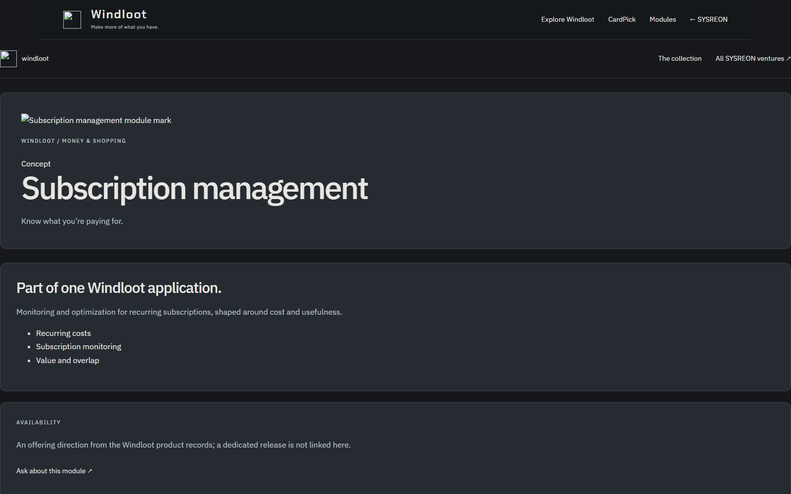 Windloot page titled Subscription management, labeled Concept, with Know what you're paying for and a list of Recurring costs, Subscription monitoring, and Value and overlap.