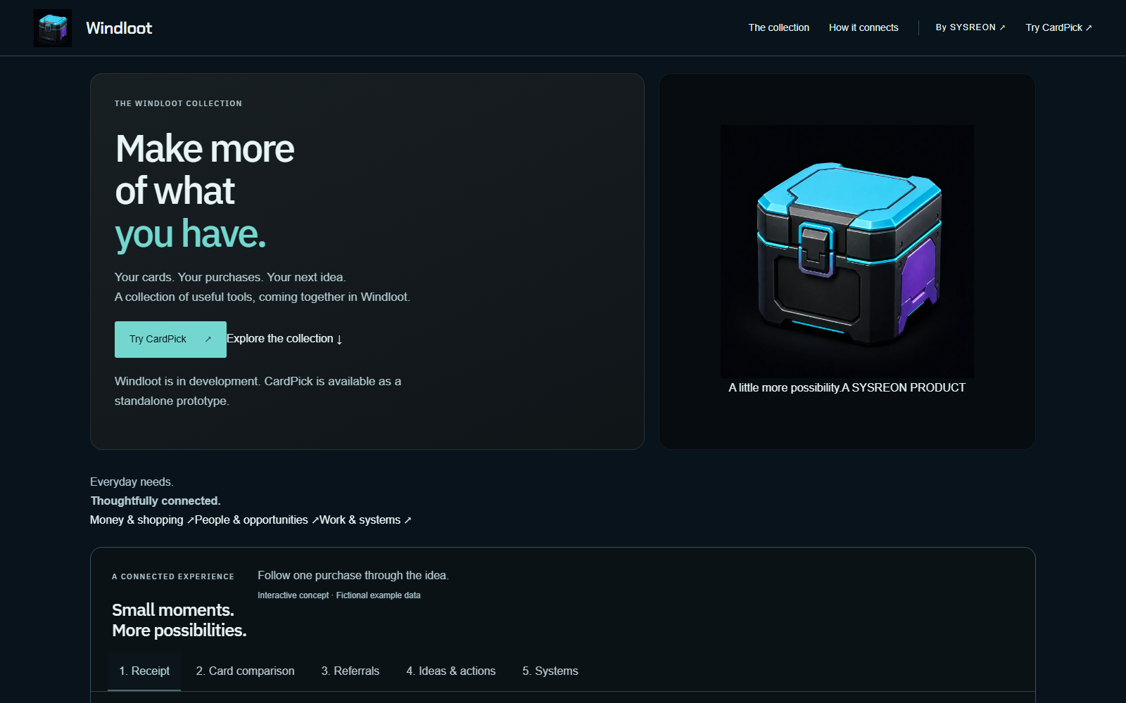 Windloot collection page with Make more of what you have., a Try CardPick button, a cyan and purple chest, and a row labeled Receipt, Card comparison, Referrals, Ideas & actions, and Systems.